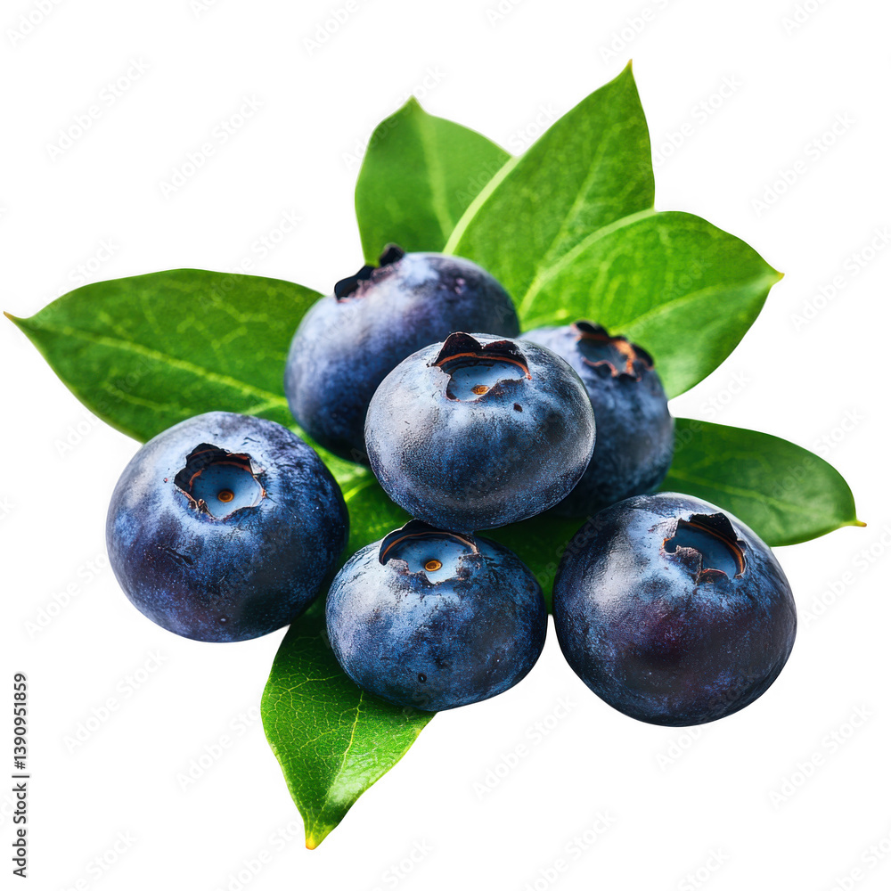 Arrangement of blueberries with green leaves on a dark surface on transparent background Arrangement of blueberries with green leaves on a dark surface on transparent background