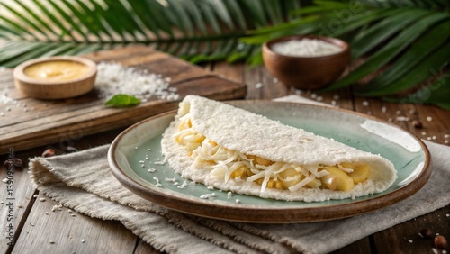 Brazilian tapioca with banana and coconut on rustic table