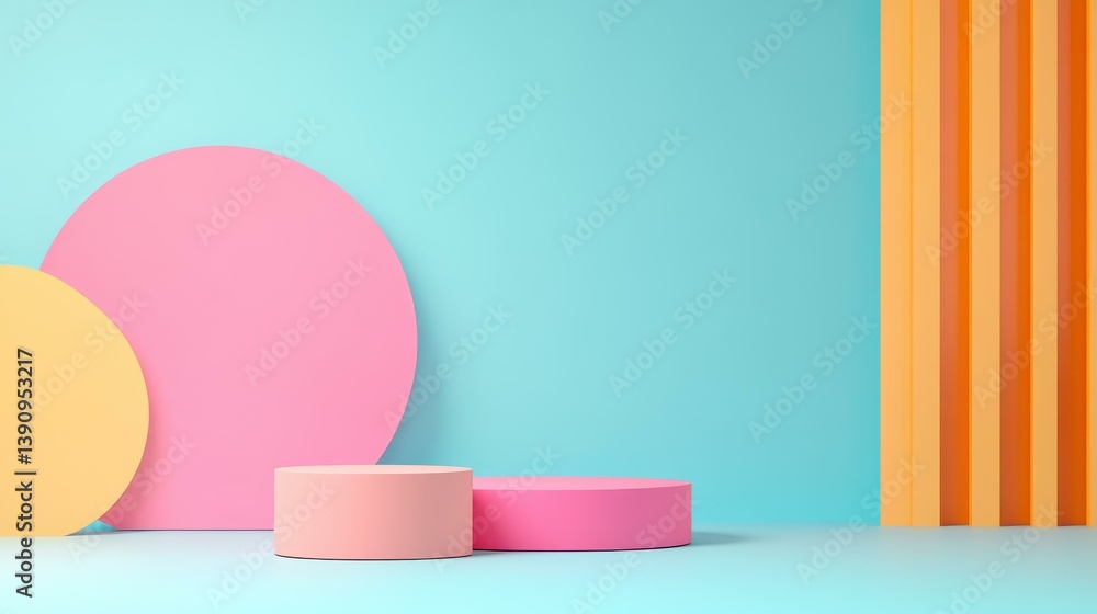 Sleek geometric podium showcases vibrant colors and dynamic shadows for striking visual appeal in any promotional space. Sleek geometric podium showcases vibrant colors and dynamic shadows for striking visual appeal in any promotional space.