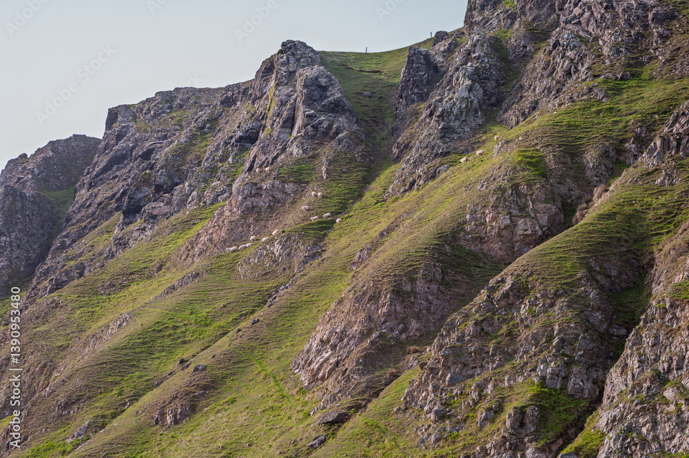 Obraz premium A mountain with a green hillside and a person walking on it