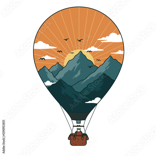 Balloon with picturesque mountains in the shell: rocky peaks, flying birds, sun rays through the clouds
