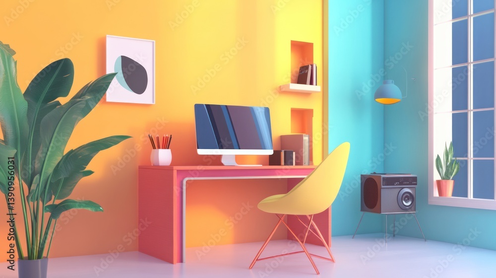 Colorful home office with computer and plants Colorful home office with computer and plants