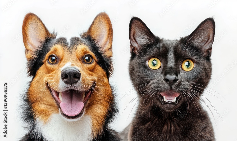 Happy Dog and Curious Cat Portrait with Detailed Fur Texture on White Background Happy Dog and Curious Cat Portrait with Detailed Fur Texture on White Background