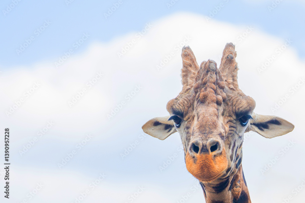 Naklejka premium family of Giraffe Giraffa camelopardalis,with a baby. sticking out blue tongue