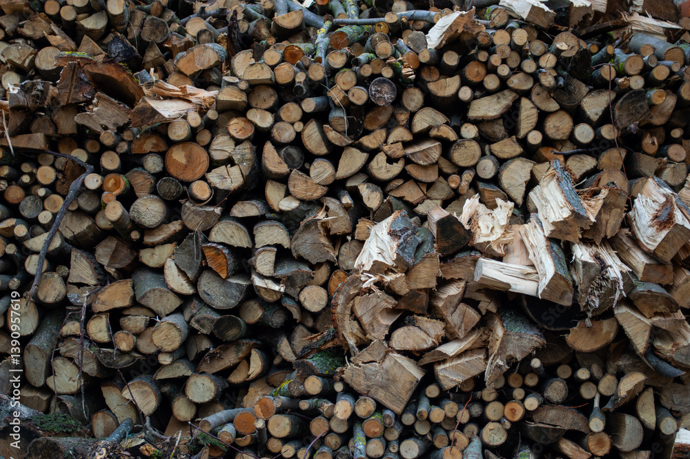 Fototapeta premium Close-up of neatly organized firewood, showcasing different sizes and textures of logs, ideal for a warm winter fire