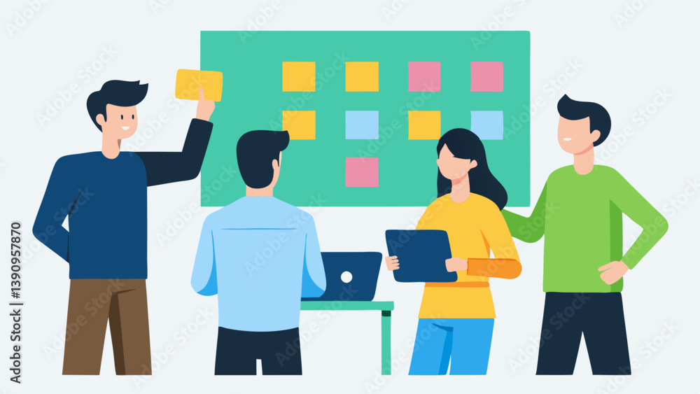 Brainstorming Session Developers with sticky notes on a wall brainstorming features for an NLP application with one person writing ideas on a board.
