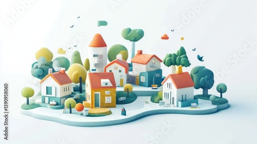 Colorful Miniature Town on Island, Cute Houses, Trees, Sky