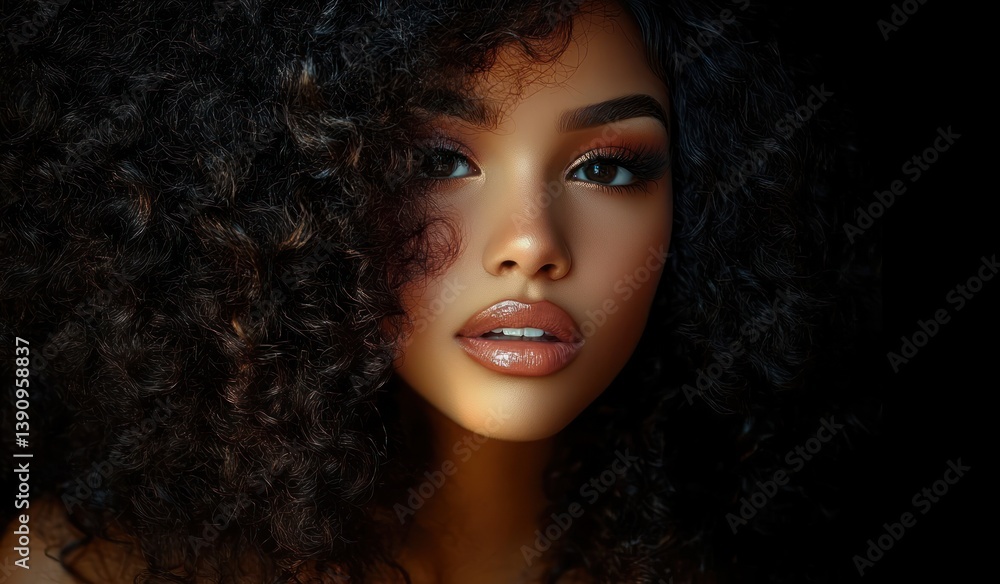 Curly Hair Portrait of a Black Woman with Dramatic Lighting and Dark Background in Hyper-Realistic Style Curly Hair Portrait of a Black Woman with Dramatic Lighting and Dark Background in Hyper-Realistic Style