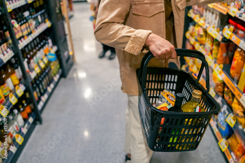 Asian man holding supermarket shopping basket choosing, checking price, buy food and grocery on shelf at supermarket in shopping mall. People enjoy urban lifestyle travel and shopping in the city.