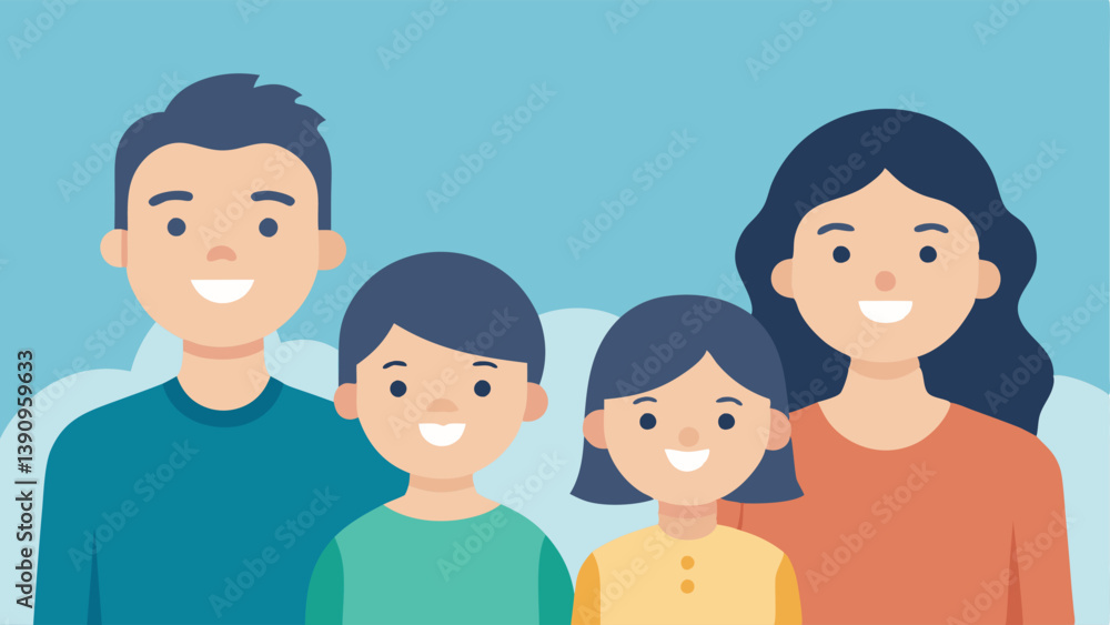 Happy Family Portrait A family poses happily for a photo but behind them in a hazy background problems and disagreements lie hidden showcasing the differing perceptions created by