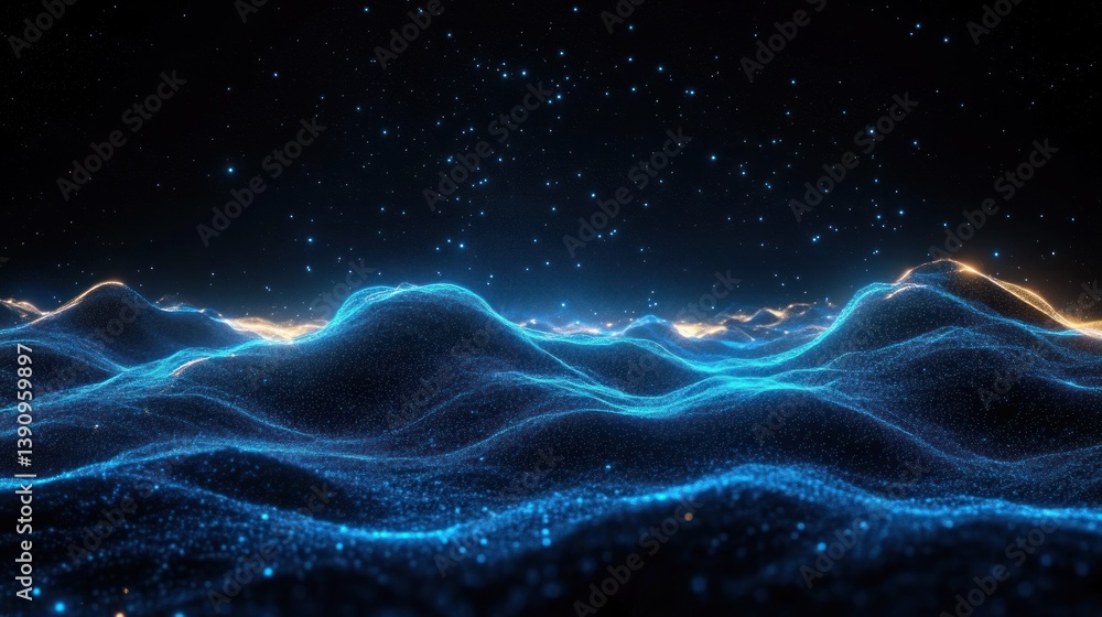 Futuristic Digital Landscape with Neon Waves and Starry Sky Futuristic Digital Landscape with Neon Waves and Starry Sky