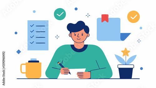 Goal Setting A person sitting at a desk writing down goals in a notebook with a checklist and doodles of achievements like a trophy and a star symbolizing dreams and ambitions.