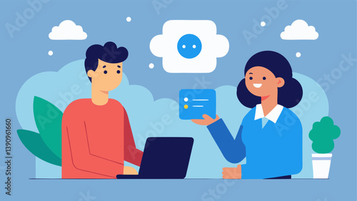 Client Consultation A oneonone consultation scene with a consultant explaining the benefits of subscription models to a attentive client with thought bubbles showing positive