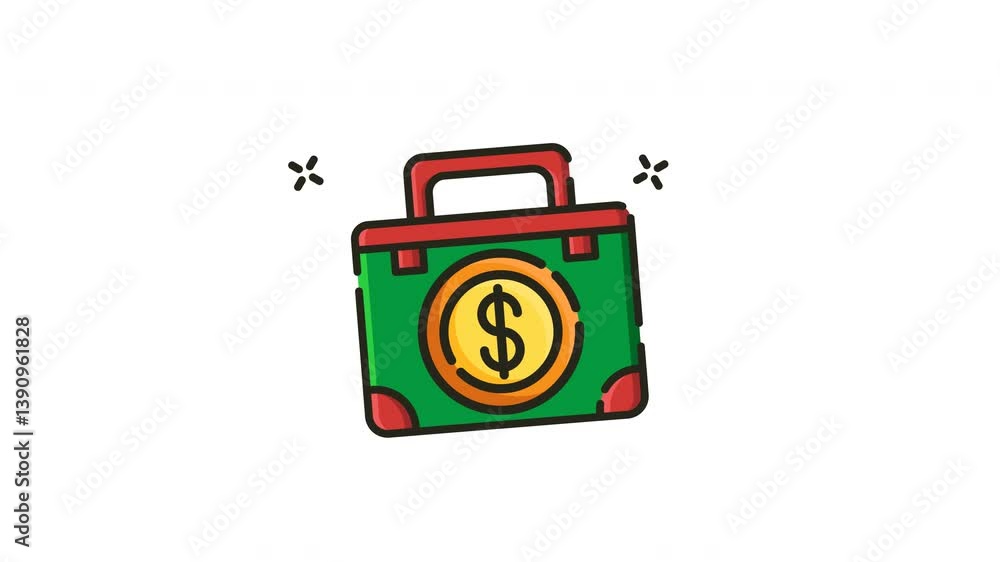 Animation of a green suitcase with a gold dollar coin icon. Animation of a green suitcase with a gold dollar coin icon.