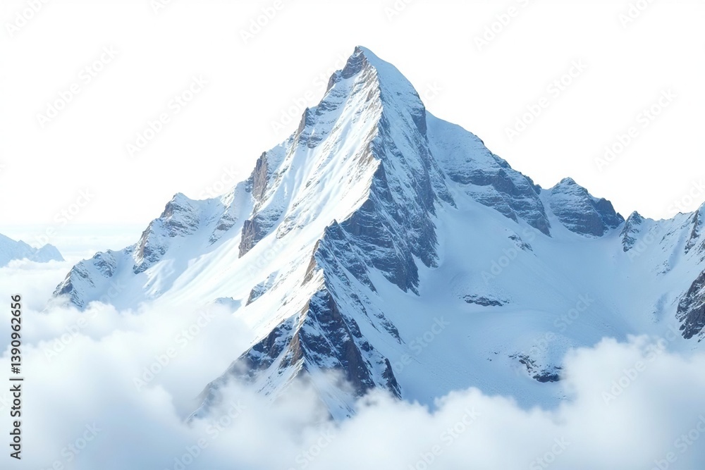 Obraz premium Snow-covered mountain peak against a stark white sky, scenic, pure white, alpine