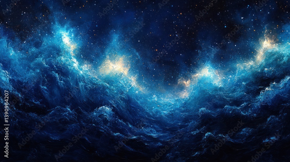 Fototapeta premium Celestial Nebula in Blues and Greens with Distant Stars and Dreamy Atmosphere