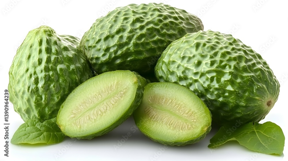 Fresh Green Kiwano Melons with Leaves on a White Background CloseUp Still Life Fresh Green Kiwano Melons with Leaves on a White Background CloseUp Still Life