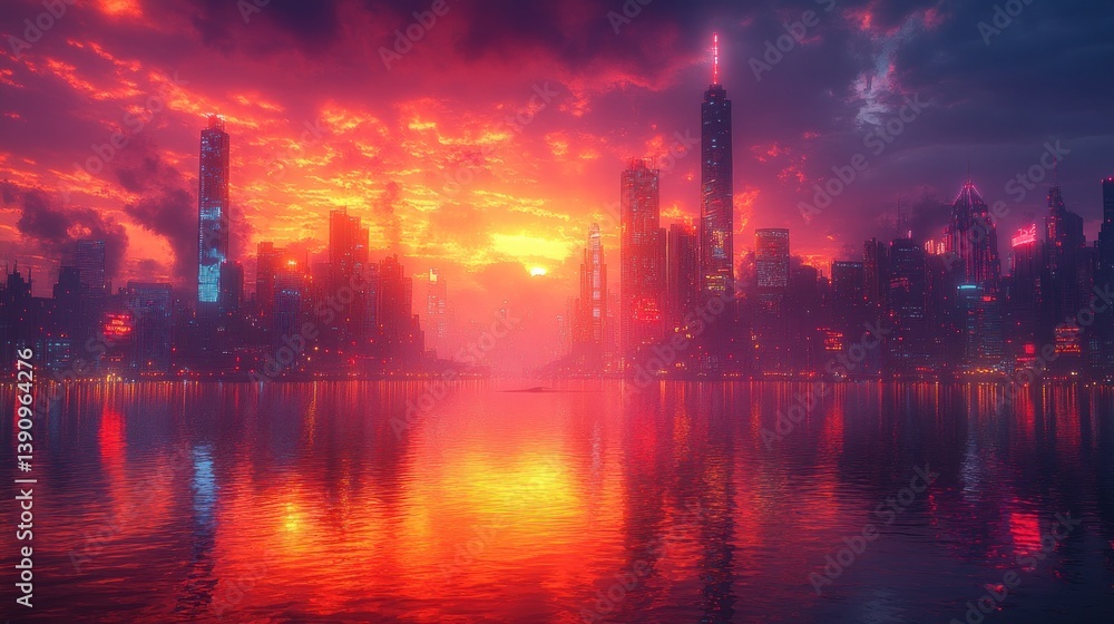 Futuristic Cyberpunk Cityscape with Neon Skyscrapers and Reflected Water in a Nighttime Urban Landscape Futuristic Cyberpunk Cityscape with Neon Skyscrapers and Reflected Water in a Nighttime Urban Landscape