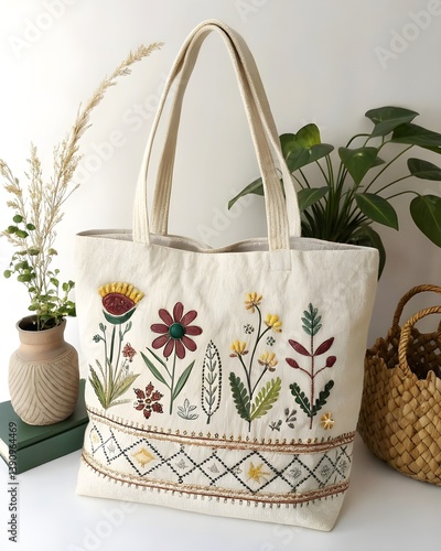 A handwoven cotton tote bag with custom embroidery. Eco-friendly fashion item.
