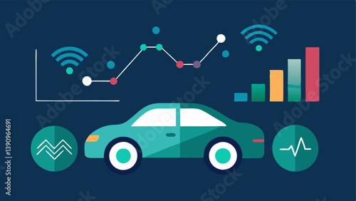 Autonomous Vehicles A futuristic car with AI sensors on the road with a financial chart showing increased efficiency and decreasing transportation costs.