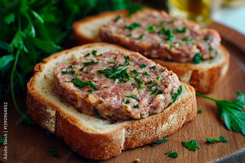 Freshly prepared meat spread is generously placed on slices of toasted bread, topped with vibrant herbs, creating a delicious and inviting dish on a wooden board Freshly prepared meat spread is generously placed on slices of toasted bread, topped with vibrant herbs, creating a delicious and inviting dish on a wooden board