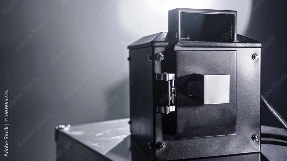Fototapeta premium Photorealistic image of a compact biometric-secured travel safe in a studio setting