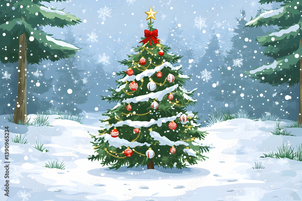 A christmas tree in a snowy winter wonderland scene A christmas tree in a snowy winter wonderland scene