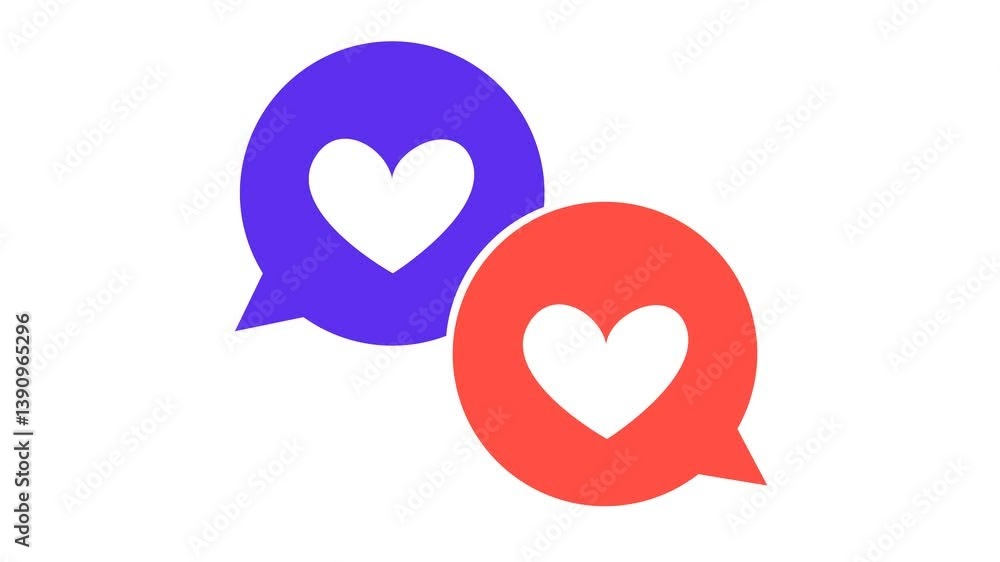Heart speech bubbles message in cartoon animation. Romantic conversation icon. Love talk symbol. Alpha channel. Seamless looping. Heart speech bubbles message in cartoon animation. Romantic conversation icon. Love talk symbol. Alpha channel. Seamless looping.