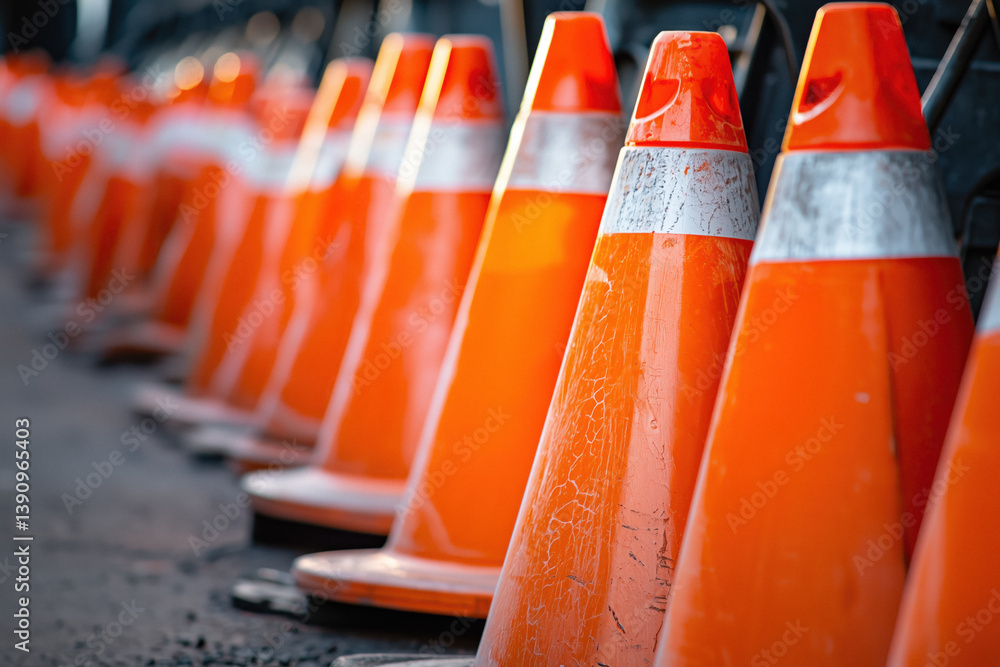 A close-up row of bright orange traffic cones with white reflective stripes, lined up along a dark surface.