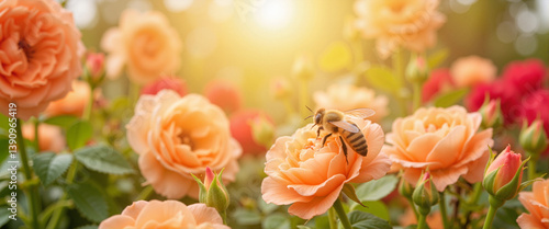 Bee pollinating roses in vibrant garden, nature's harmony