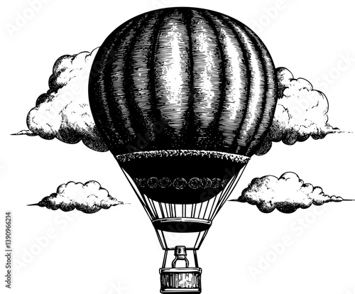 Vintage hot air balloon flying through clouds in engraved style