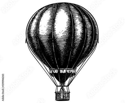 Retro engraving of a classic hot air balloon in flight