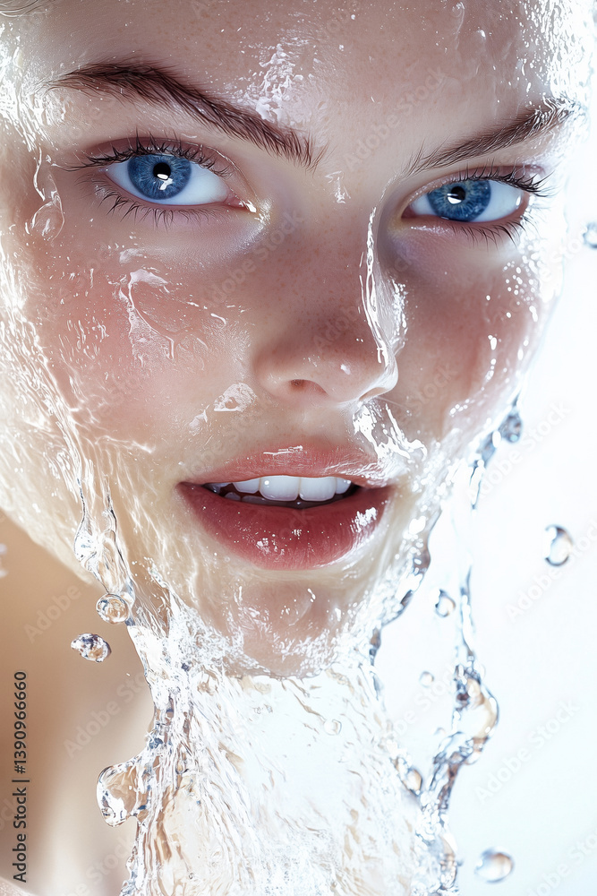Close-up of a woman's face with bright blue eyes as water splashes and drips across her skin.
