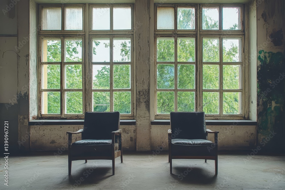 Two chairs in a room with big windows and large windows, retro toned Two chairs in a room with big windows and large windows, retro toned