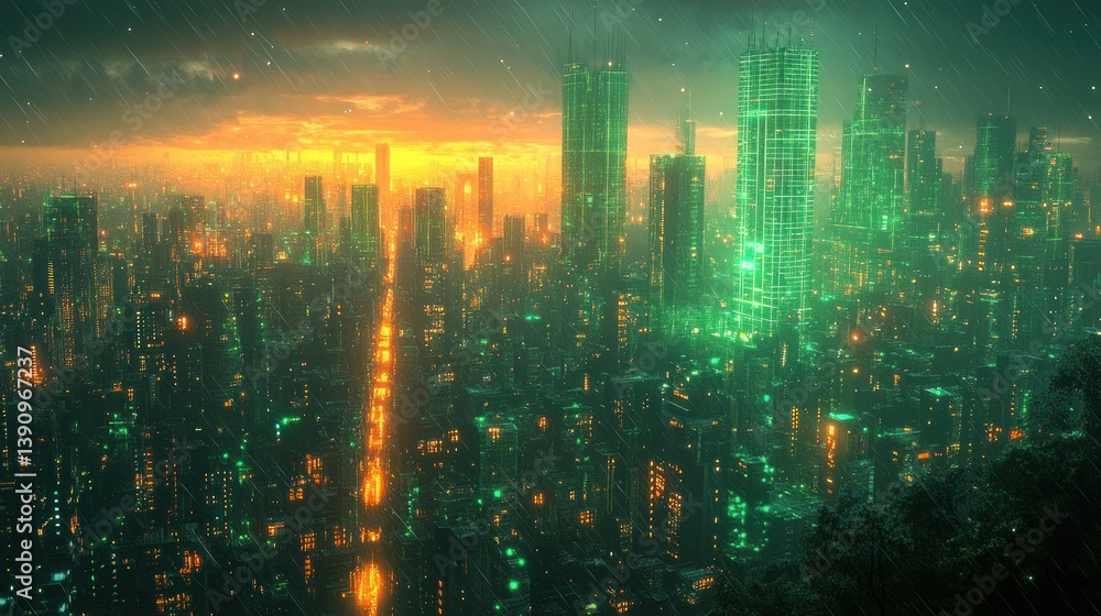 Fototapeta premium Futuristic Cyberpunk Cityscape with Neon Green Glow and Advanced Technology in Urban Architecture