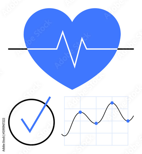 Blue heart with heartbeat line, tick circle, and data chart icon highlighting wellness, progress, tracking. Ideal for health, fitness, analytics, medical research success evaluation flat simple