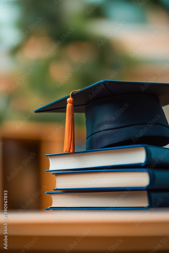 A black graduation cap with a gold tassel rests on a stack of three dark blue books on a light brown surface. The background is blurred with green and brown tones.