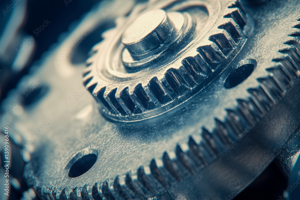 A close-up shot of interlocking metal gears, showing their teeth and texture in a slightly blurred, industrial style.