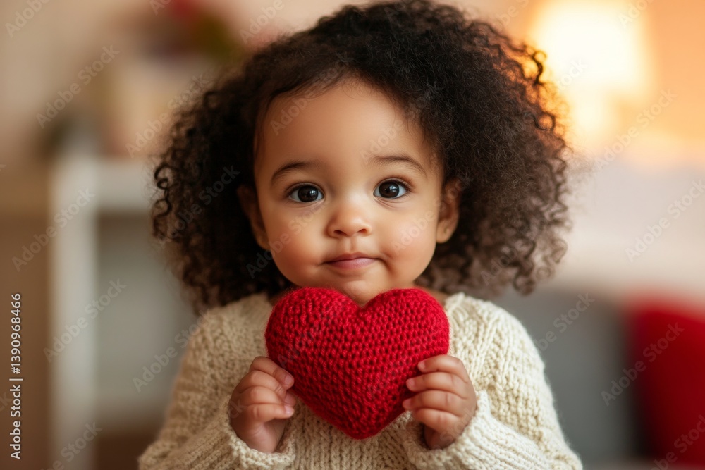 Valentine's day greeting and funny gift. Serious face cute brazilian toddler girl with small knitted heart in hands. Valentine's baby photo. Sweetheart child. Little valentine’s joy. Valentine's day greeting and funny gift. Serious face cute brazilian toddler girl with small knitted heart in hands. Valentine's baby photo. Sweetheart child. Little valentine’s joy.