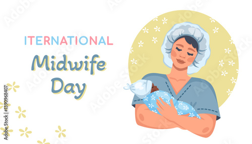 International Midwife day. Smiling nurse carefully holding newborn baby. Young Midwife with African newborn. Female character holding Newborn boy in white hat, wrapped in cute blue blanket. Vector