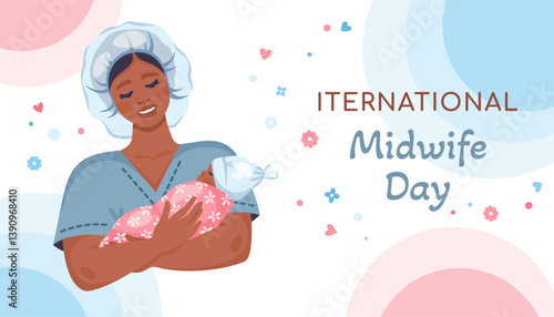 International Midwife day. Obstetrician. Asian woman midwife holding newborn baby. Female character holding Newborn girl in white hat, wrapped in cute pink blanket. Vector