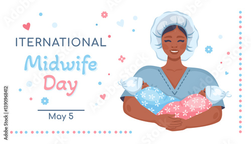 International Midwife day banner. Asian doctor with newborn twins. Female character holding Newborn twin boy and girl in white hats, wrapped in cute blankets. Vector illustration
