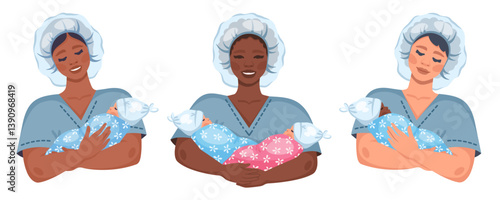 Happy Midwifes holding newborn babies. Asian, African and European nurses in medical suits and hats. Female doctors with newborn babies of different genders and nationalities. Newborn twins. Vector