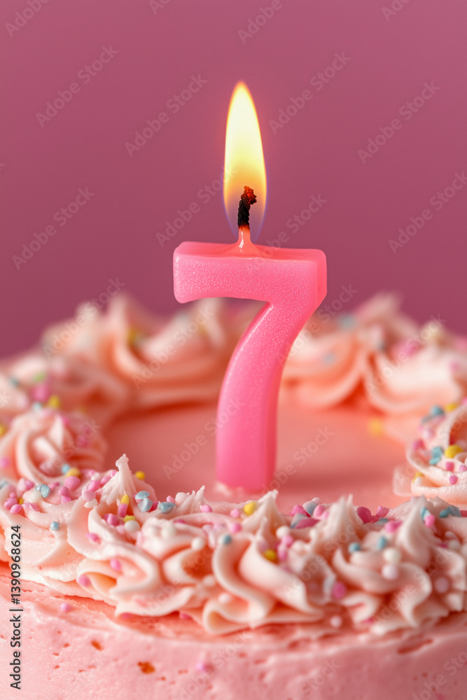 A pink number seven candle burns brightly on a pink frosted birthday cake decorated with swirls and colorful sprinkles. The background is a solid pink.