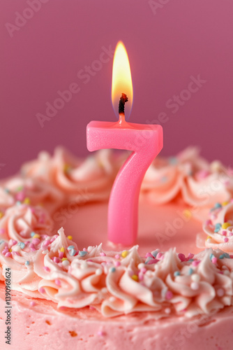 Obraz na płótnie A pink number seven candle burns brightly on a pink frosted birthday cake decorated with swirls and colorful sprinkles. The background is a solid pink. w salonie
