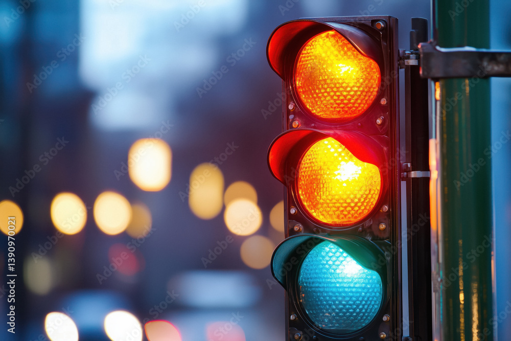 A traffic light shows a flashing yellow light above a solid green light at dusk or dawn in a city, with blurred lights in the background.