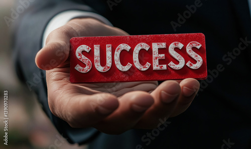 A businessman's hand holds a small red sign with the word 