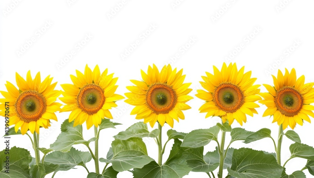 Fototapeta premium Five sunflowers in a row against a white background. Bright yellow flowers with dark centers, healthy green leaves, and slender stems