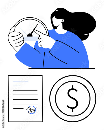 Woman adjusting a speedometer beside a signed document and dollar coin. Ideal for finance, progress, decision-making, contracts, budgeting, performance, investments. Flat simple metaphor