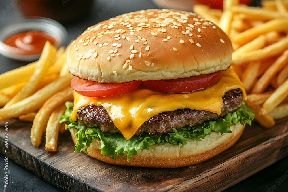 A cheeseburger with fries on a wooden cutting board A cheeseburger with fries on a wooden cutting board